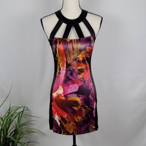 Speechless Size 3 Black w/Mulit Color Abstract Front Panel Sheath Dress - Picture 1 of 13